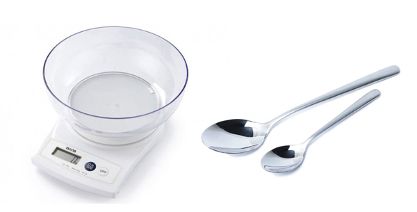 Kitchen scale and spoons