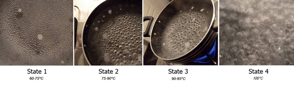 States of boiling water to make a cup of loose tea